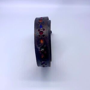Leather Belt - Vintage Dark Brown Leather Belt With Colorful Inserts Size Small